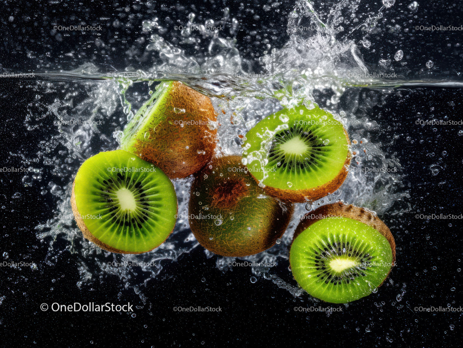 Fresh Kiwi Slices Splash in Water with Dynamic Motion