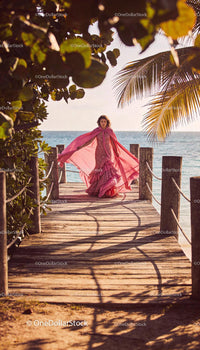 Woman in elegant pink gown walking on wooden pier