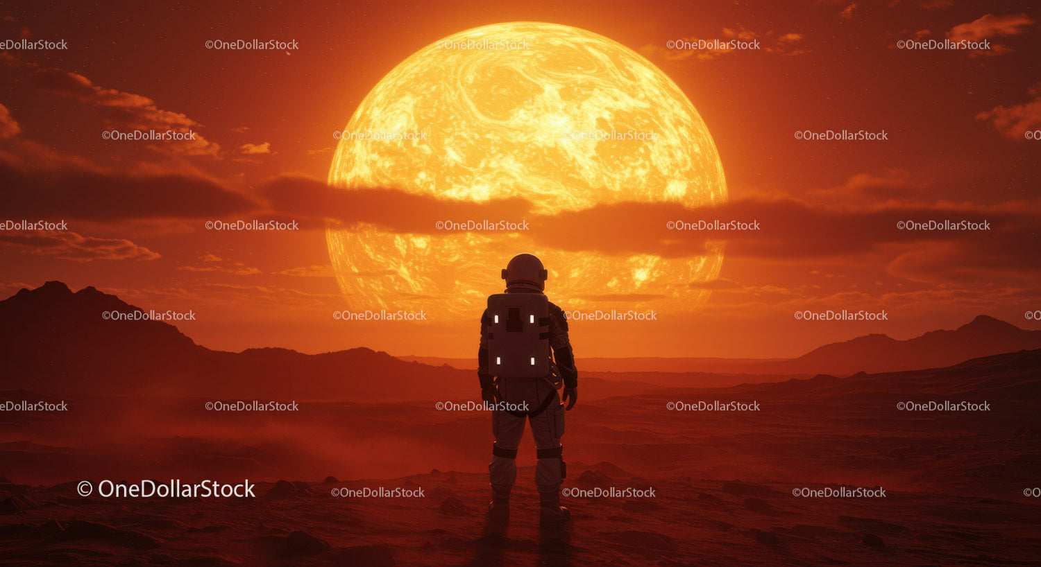 Astronaut Standing on Alien Planet with Large Sun Setting Behind