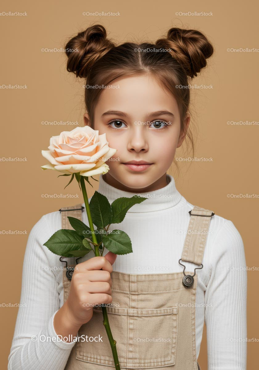 Young Woman with Pink Rose in Casual Outfit Standing Against Beige Background