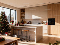 Modern kitchen decorated for a warm Christmas celebration