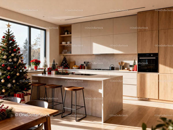 Modern kitchen decorated for a warm Christmas celebration