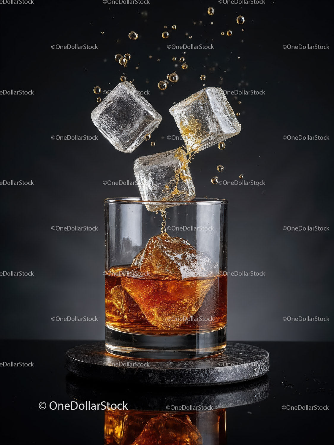 Whiskey with Ice Cubes Splashing in Glass