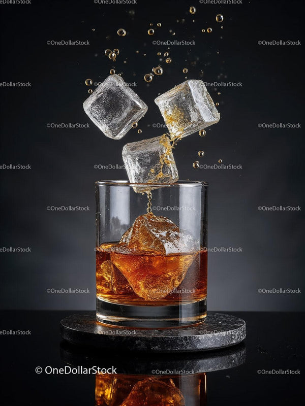 Whiskey with Ice Cubes Splashing in Glass
