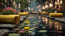 Serene Outdoor Spa Scene with Yellow Towel and Water Lilies