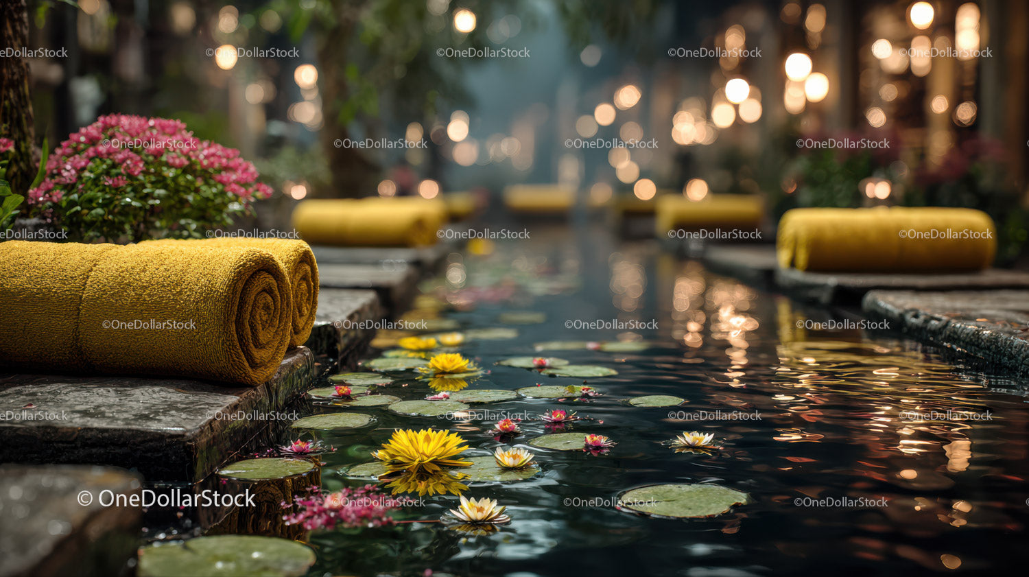 Serene Outdoor Spa Scene with Yellow Towel and Water Lilies