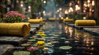 Serene Outdoor Spa Scene with Yellow Towel and Water Lilies