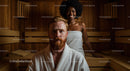 Relaxing Sauna Session with Smiling Woman and Man in Wooden Interior