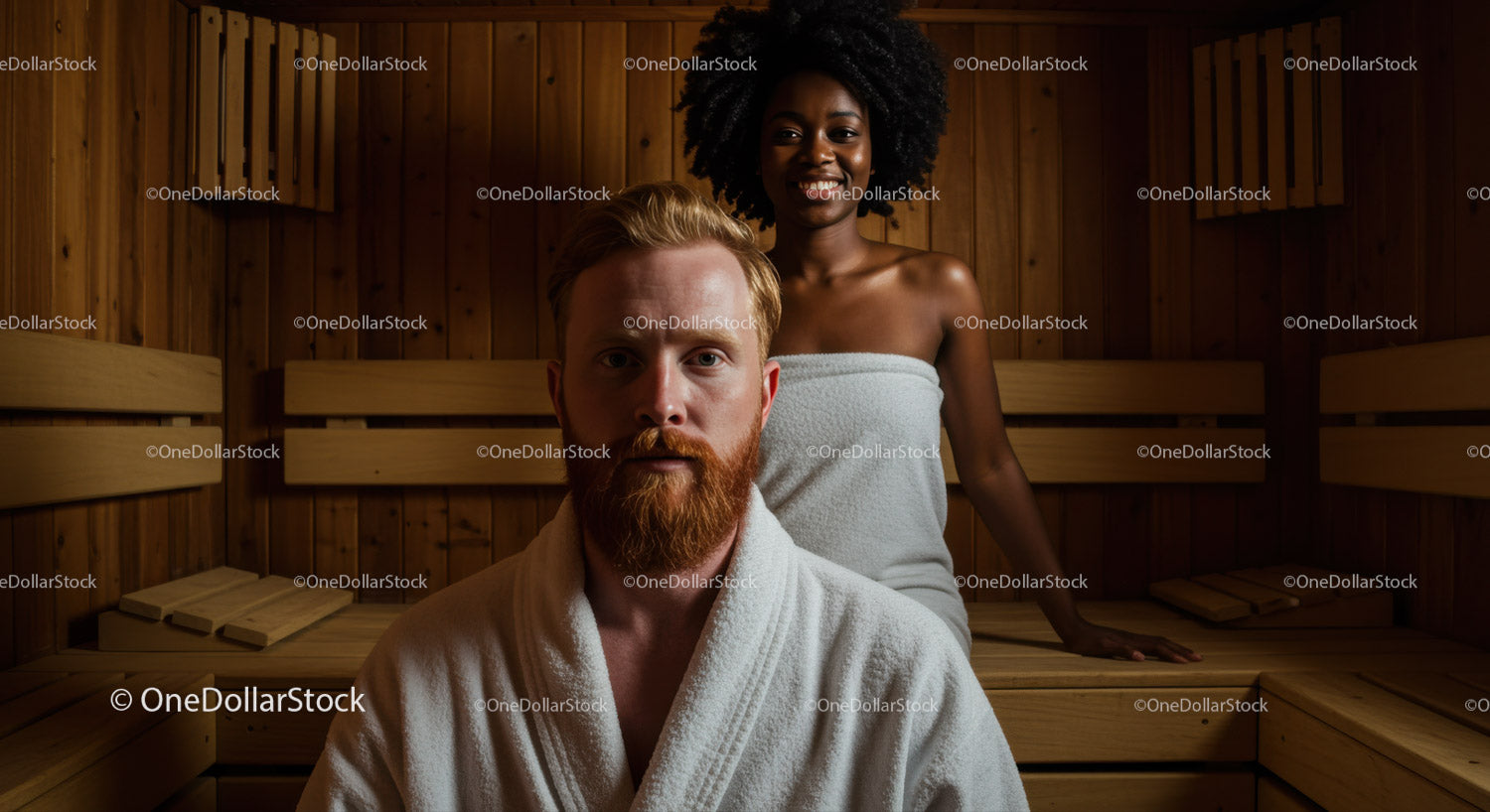 Relaxing Sauna Session with Smiling Woman and Man in Wooden Interior