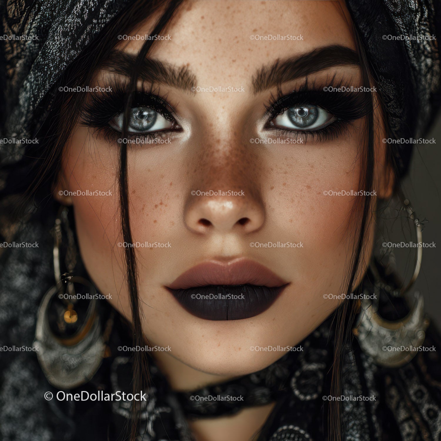 Glamorous Woman with Blue Eyes and Dark Makeup