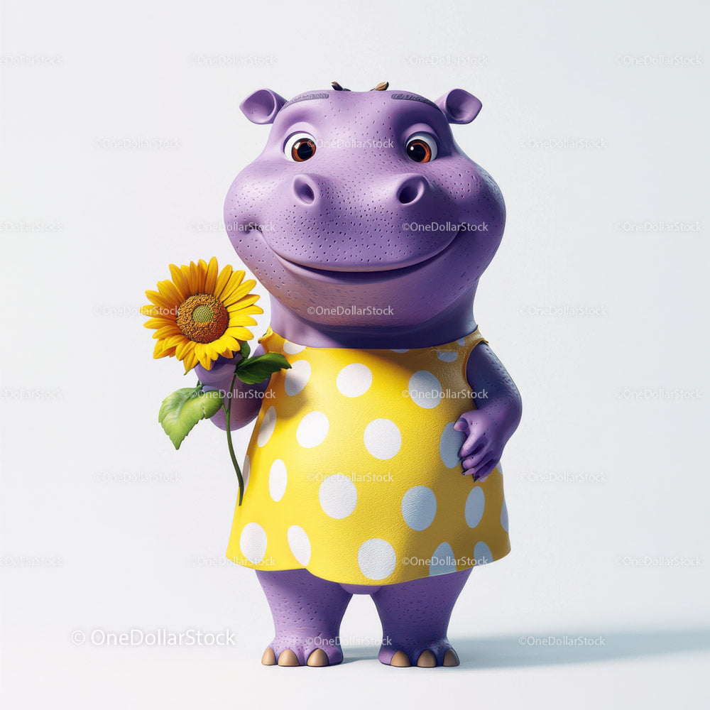 Cute Cartoon Hippo Holding Sunflower in Yellow Dress for Kids Illustration