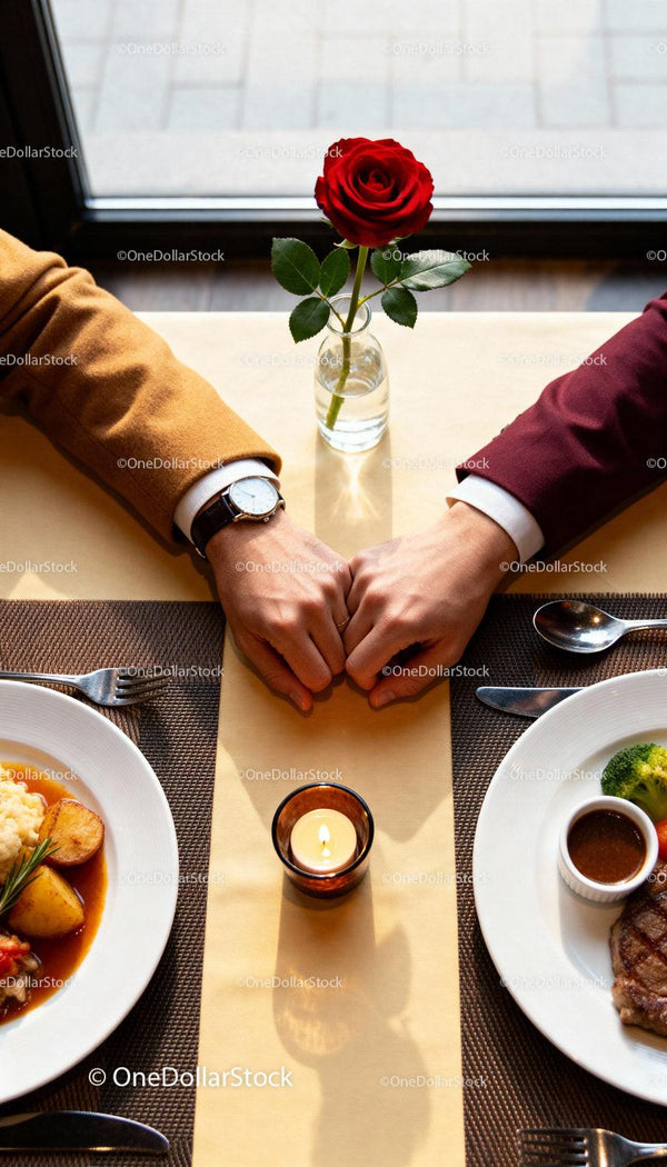 Couple Holding Hands Across Table With Romantic Setting