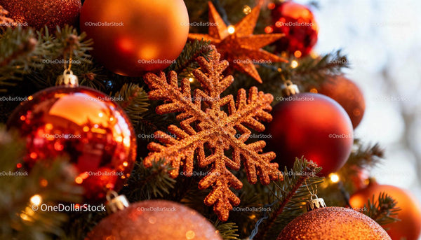 Close-up of festive orange Christmas tree decorations