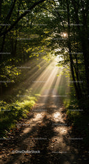 Sunlight Streaming Through Dense Forest Pathway