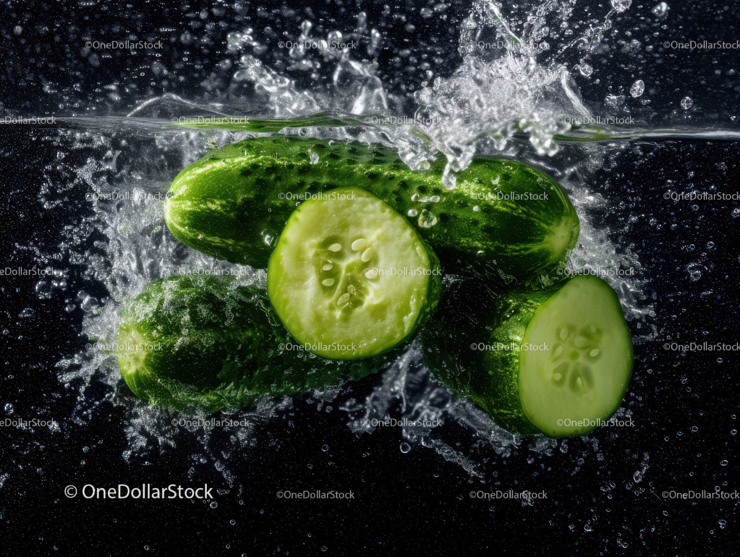 Fresh Cucumber Slices Splashing Water in a Dynamic Close-Up