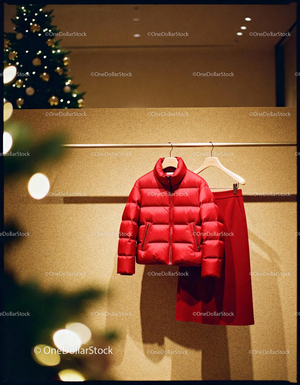 Red winter jacket and skirt hanging on rack indoors