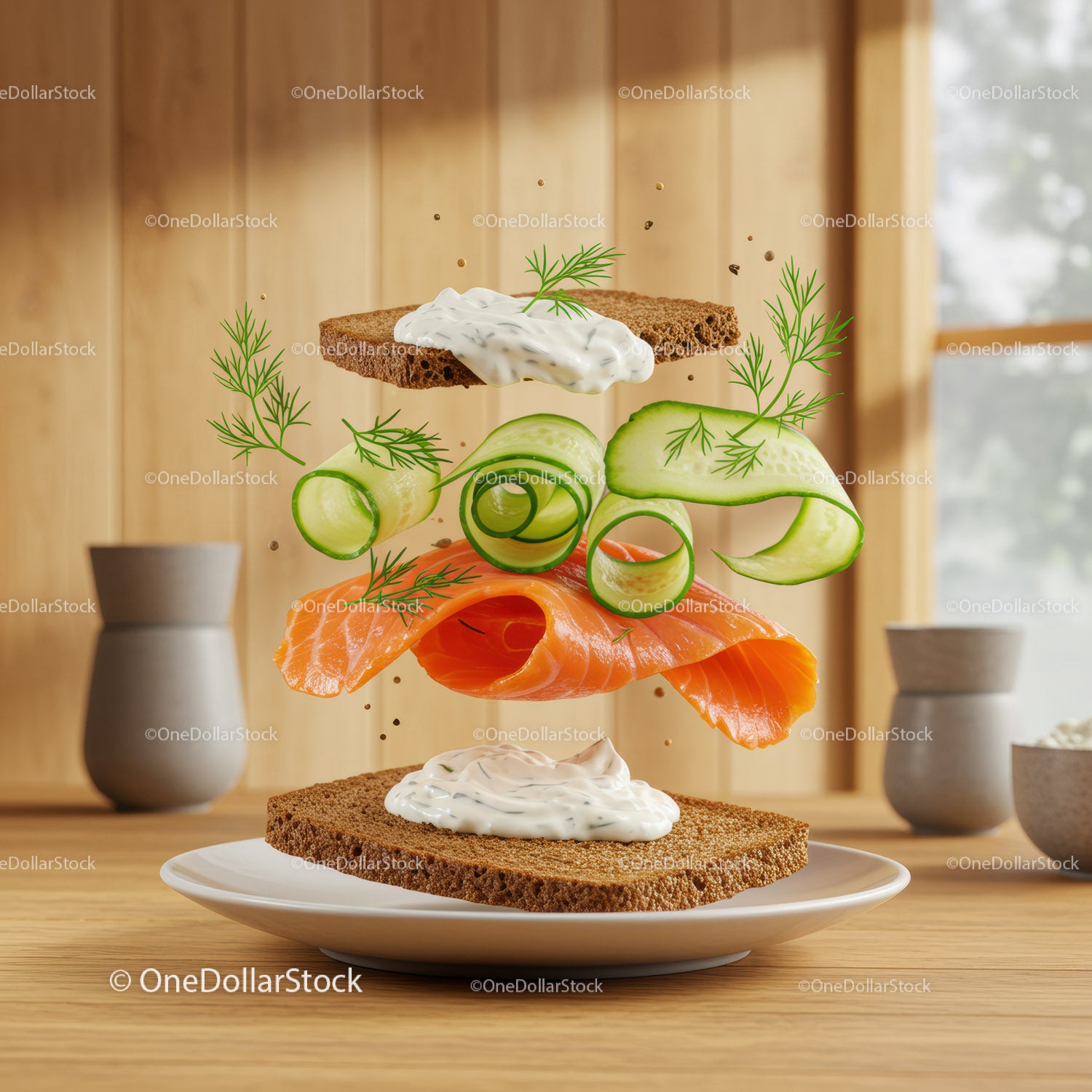 Deconstructed Salmon Sandwich with Fresh Cucumbers and Dill