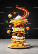 Creative Stack of French Fries with Meatballs and Sauce
