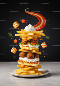 Creative Stack of French Fries with Meatballs and Sauce