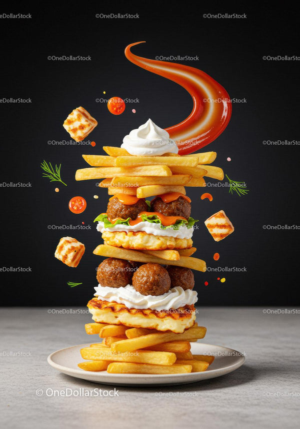 Creative Stack of French Fries with Meatballs and Sauce