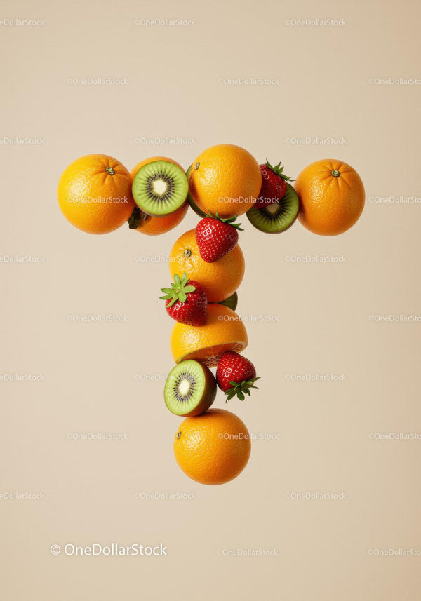 Fresh Fruits Forming Letter T on Beige Background