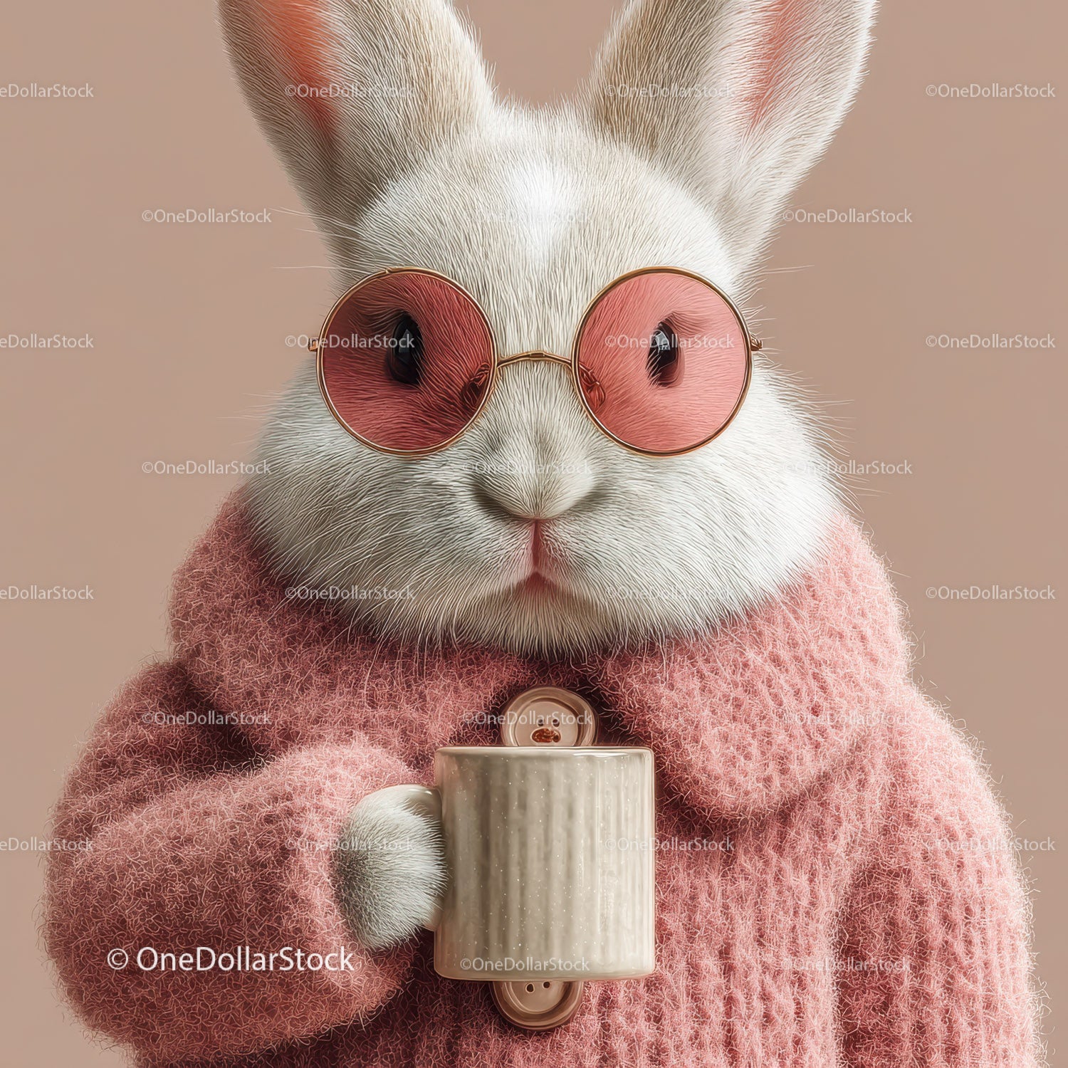 Cute Bunny Wearing Sunglasses and Cozy Pink Sweater Holding Coffee Mug