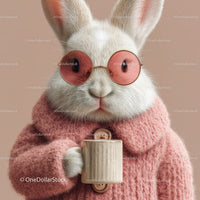 Cute Bunny Wearing Sunglasses and Cozy Pink Sweater Holding Coffee Mug