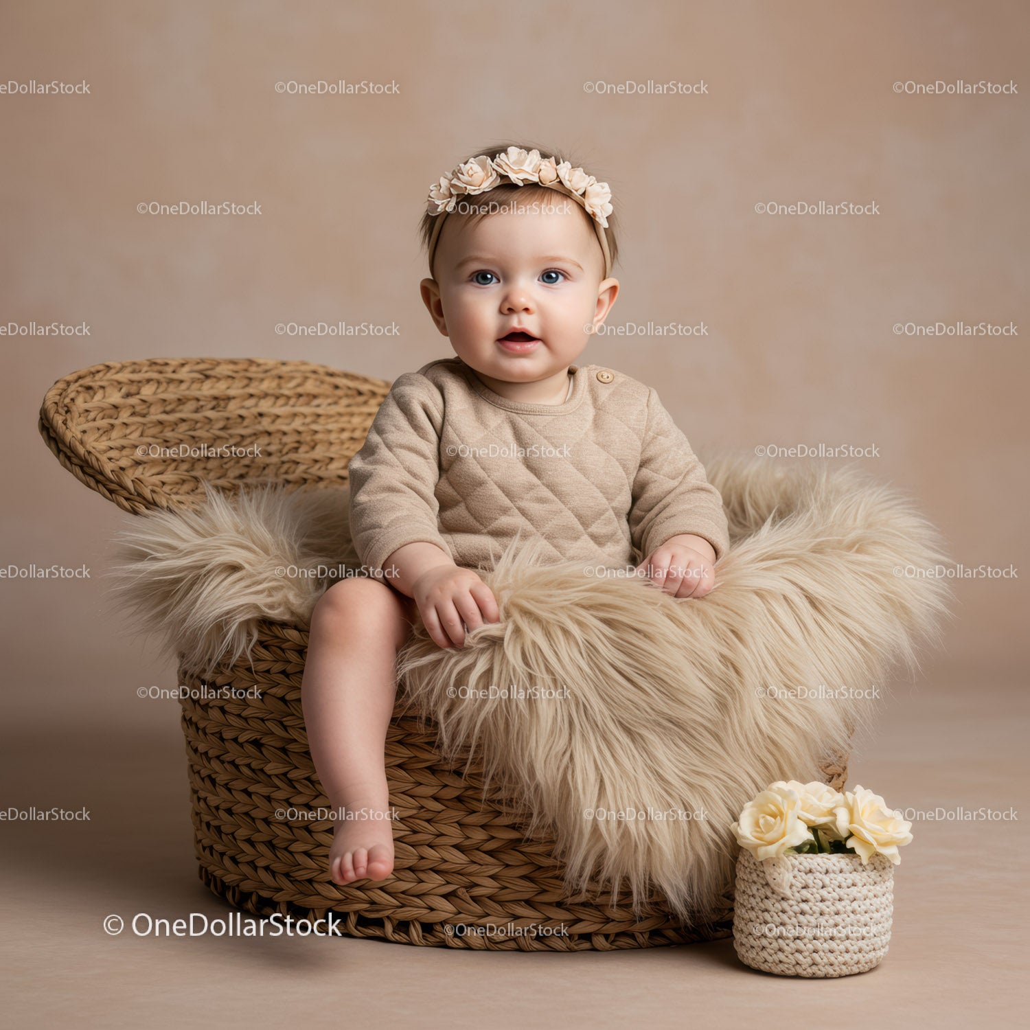 Adorable baby girl sitting on wicker chair with flowers