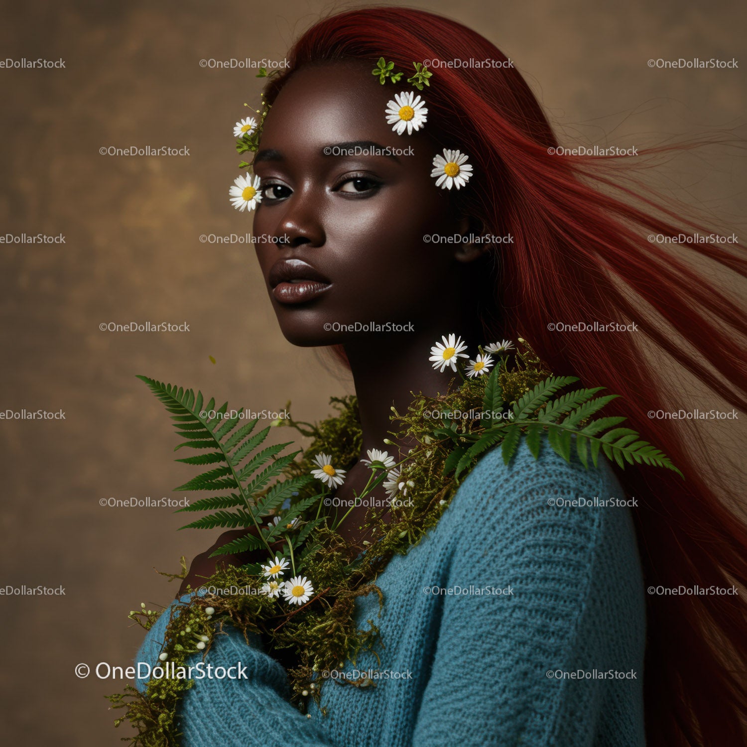 Elegant Portrait of a Woman with Flowing Red Hair and Botanical Accessories