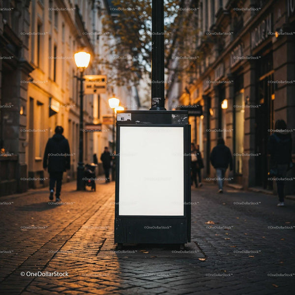 Empty City Street Lightbox Illuminated at Dusk JPG Mockup Image