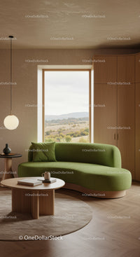 Cozy Green Sofa with Scenic Window View in Modern Living Room