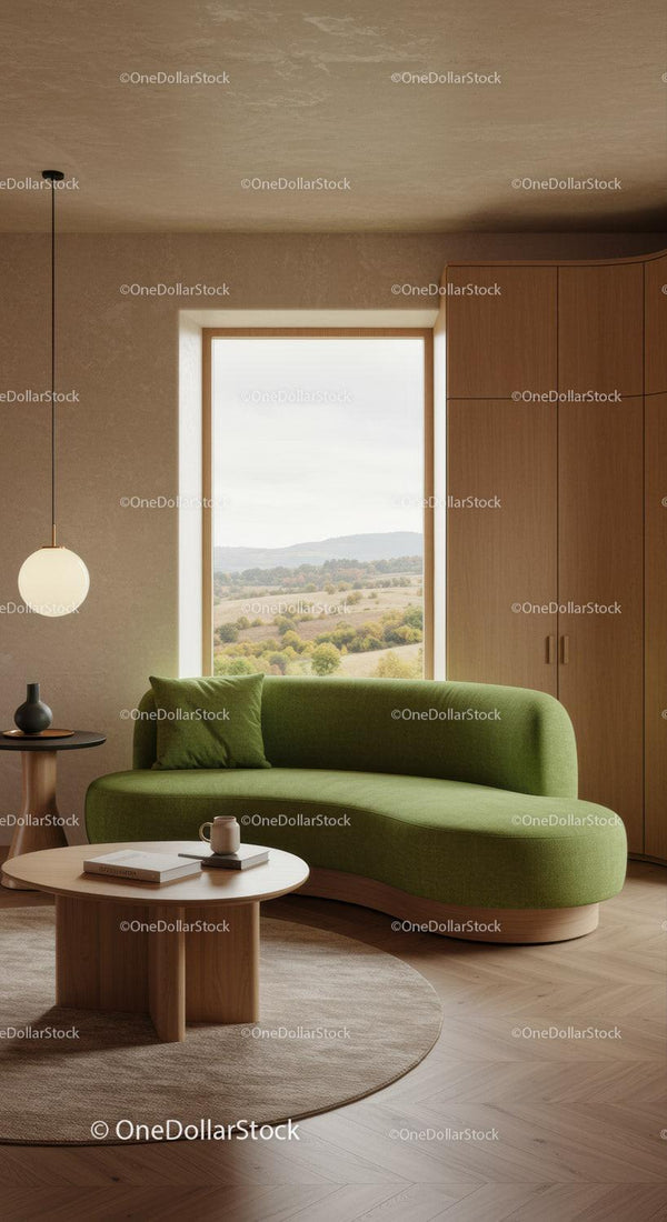 Cozy Green Sofa with Scenic Window View in Modern Living Room