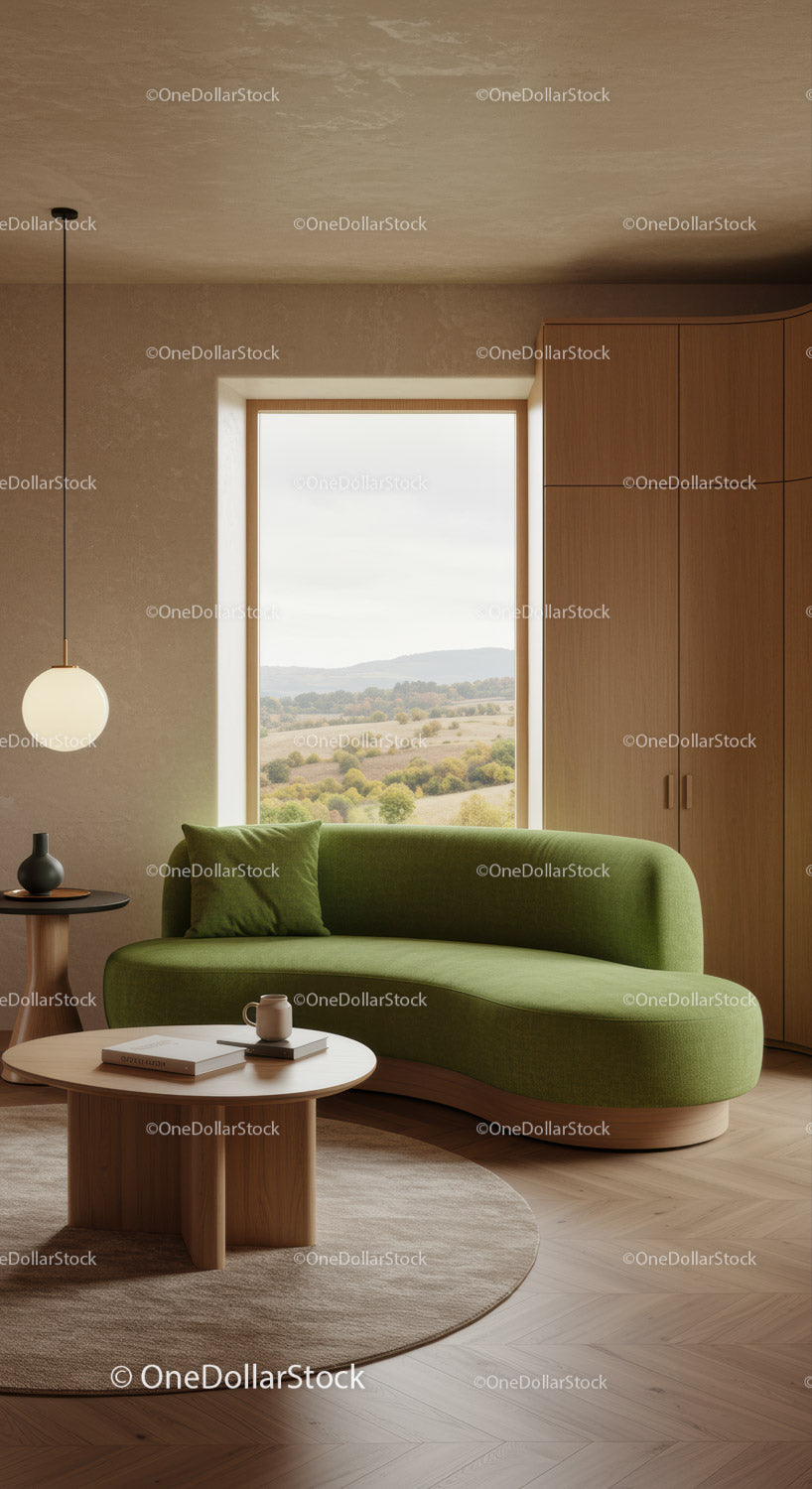 Przytulna zielona sofa z malowniczym widokiem z okna w nowoczesnym salonie