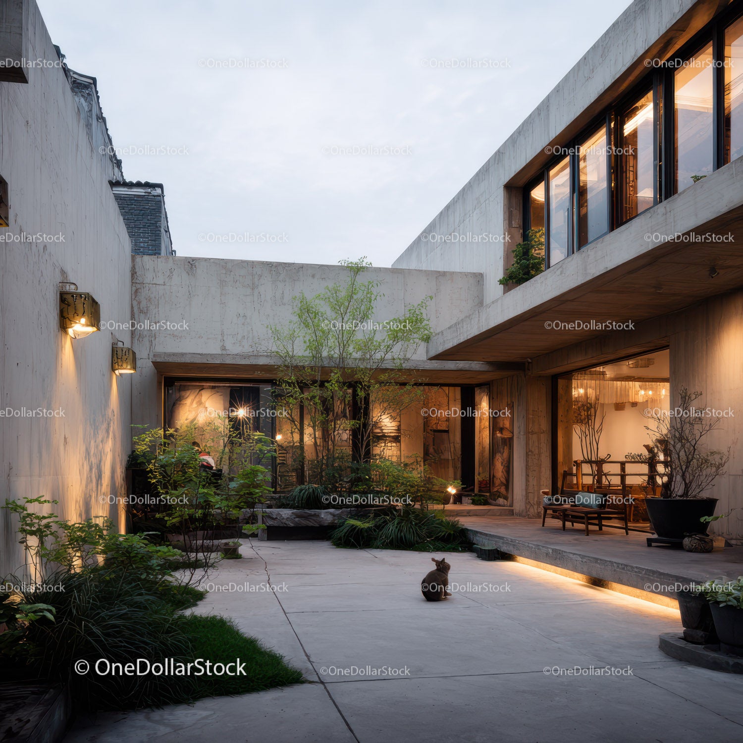 Modern Concrete Courtyard with Lush Greenery and Ambient Lighting