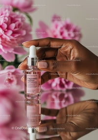 Close Up of Hand Holding Glass Dropper Bottle with Pink Serum