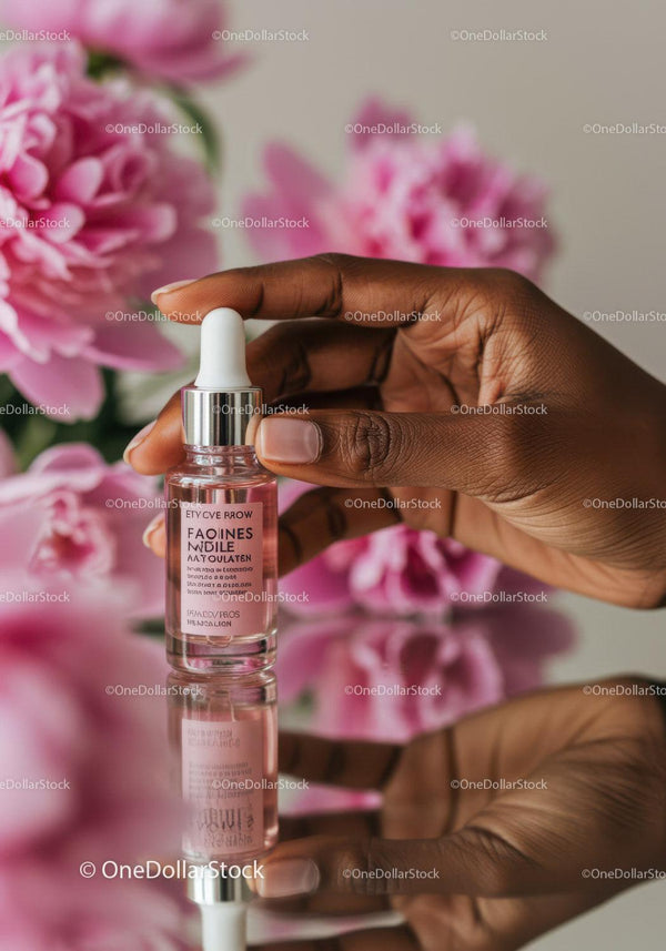 Close Up of Hand Holding Glass Dropper Bottle with Pink Serum JPG Mockup Image