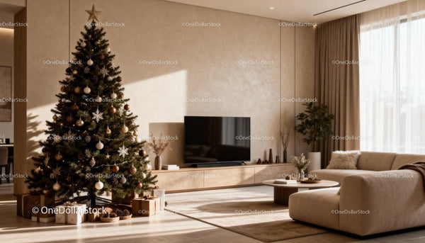 Cozy modern living room with decorated Christmas tree