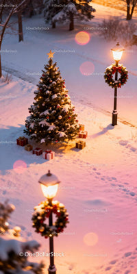 Snowy outdoor Christmas tree with gifts and glowing lamps
