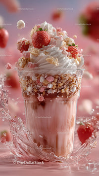 Strawberry Milkshake with Whipped Cream and Sprinkles in Tall Glass