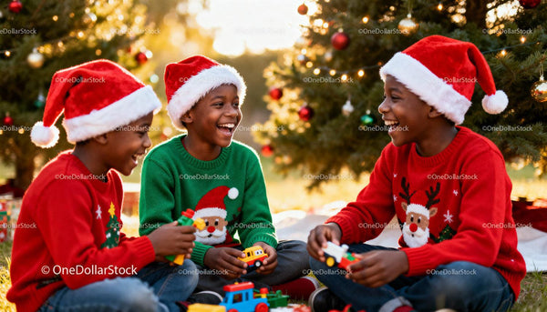 Joyful Children Playing with Toys by Christmas Tree