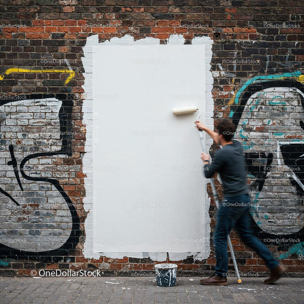 Man painting over graffiti with white roller on brick wall JPG Mockup Image