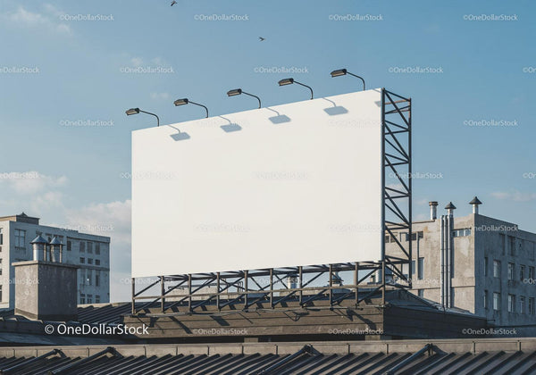 Blank White Billboard on Urban Rooftop under Clear Sky JPG Mockup Image
