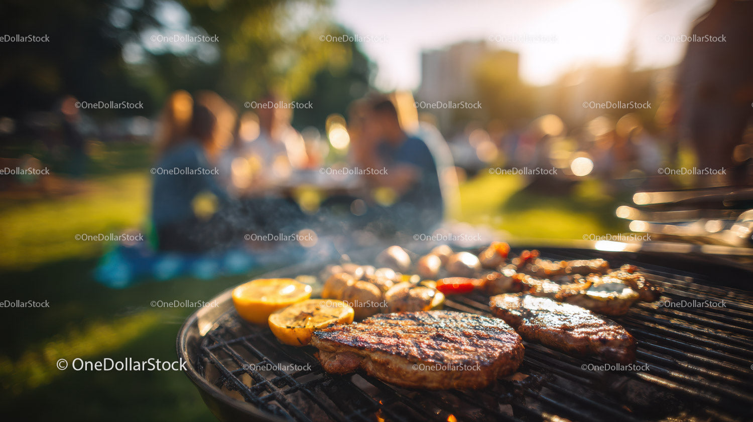 Close-Up of Grilled Steak with Lemons and Vegetables at Outdoor Barbecue