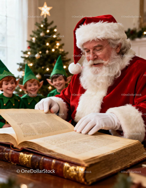 Santa reading an ancient book with elves by Christmas tree
