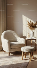 Cozy beige armchair with stool in sunlit modern room