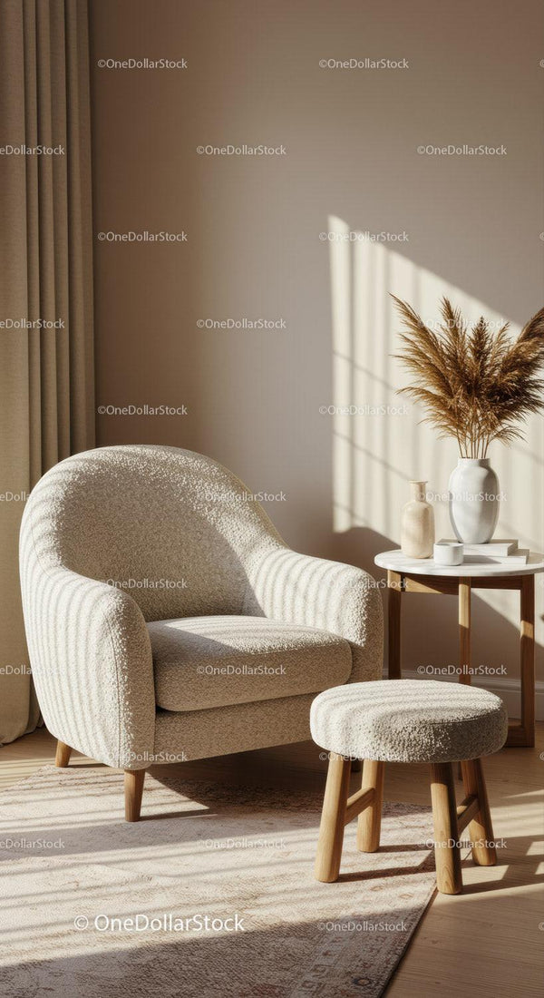 Cozy beige armchair with stool in sunlit modern room