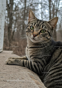 Curious tabby cat resting on rustic outdoor ledge