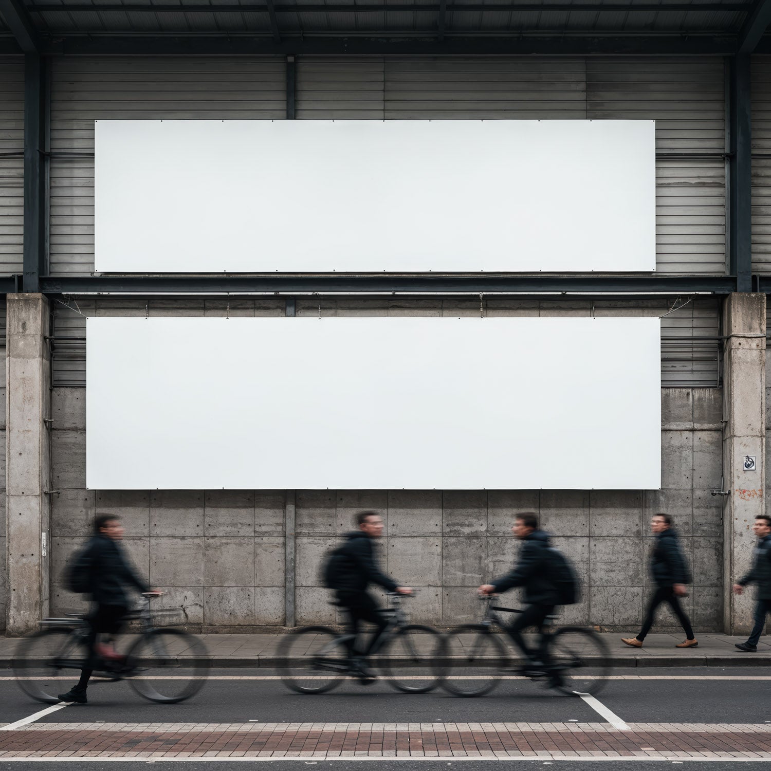 Rozmazany ruch ludzi i rowerzystów na pustych billboardach