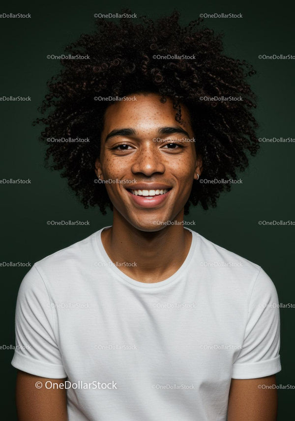 Portrait of a Smiling Young Woman with Curly Hair in Casual White Shirt