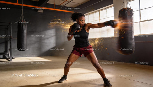 Focused female boxer training with punching bag indoors
